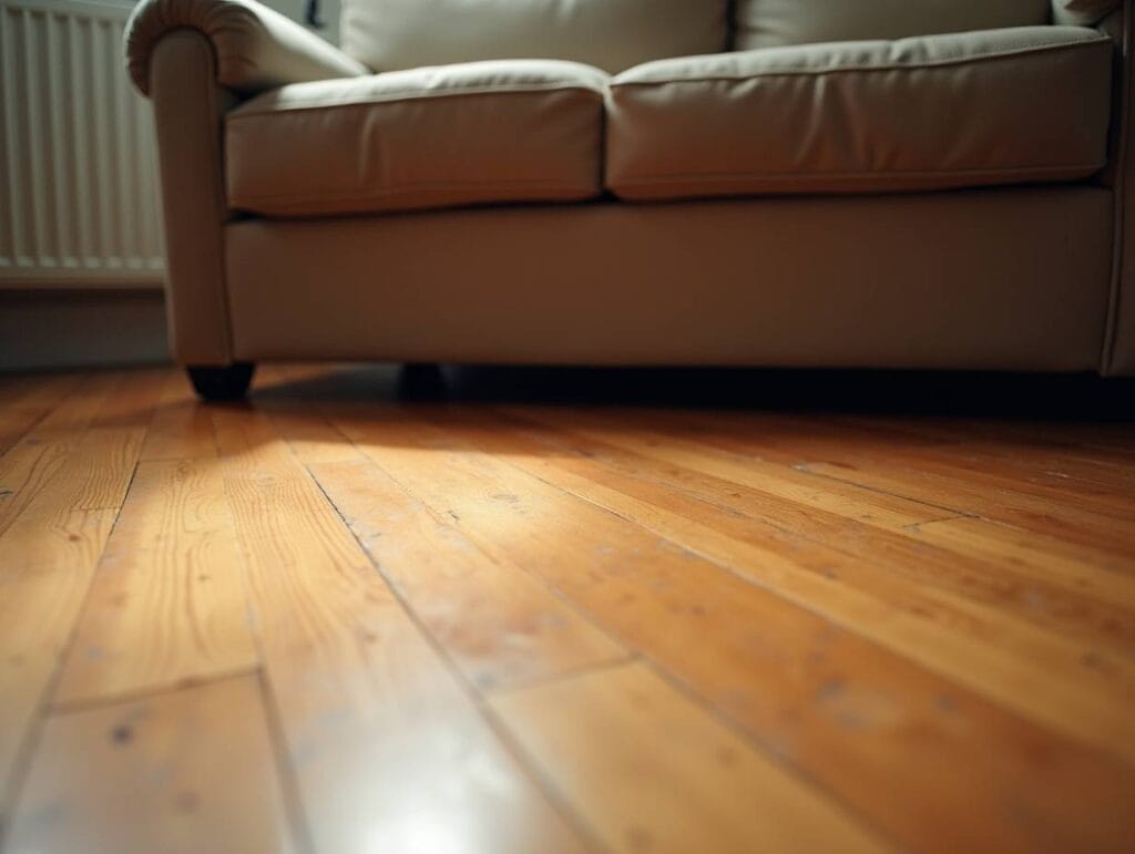 træeffekt polyurethangulv med naturlige nuancer og synlige knaster under en sofa.