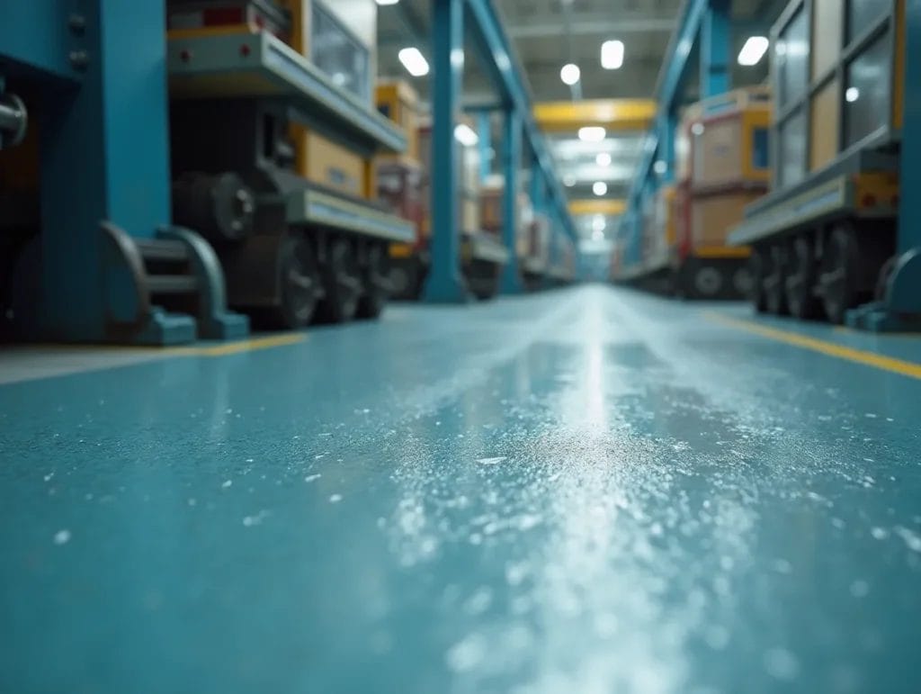 skinnende blåt polyurethangulv i en fabrikshal med tunge maskiner og udstyr.