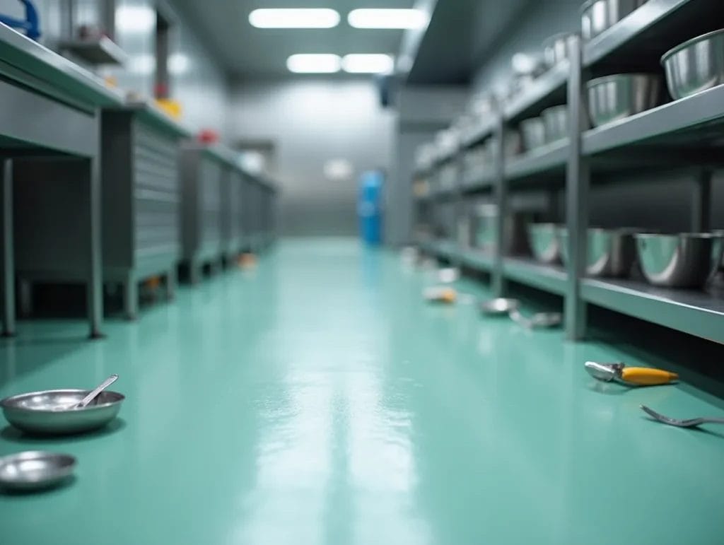 skinnende grønt polyurethangulv i et storkøkken med redskaber og metalhylder.