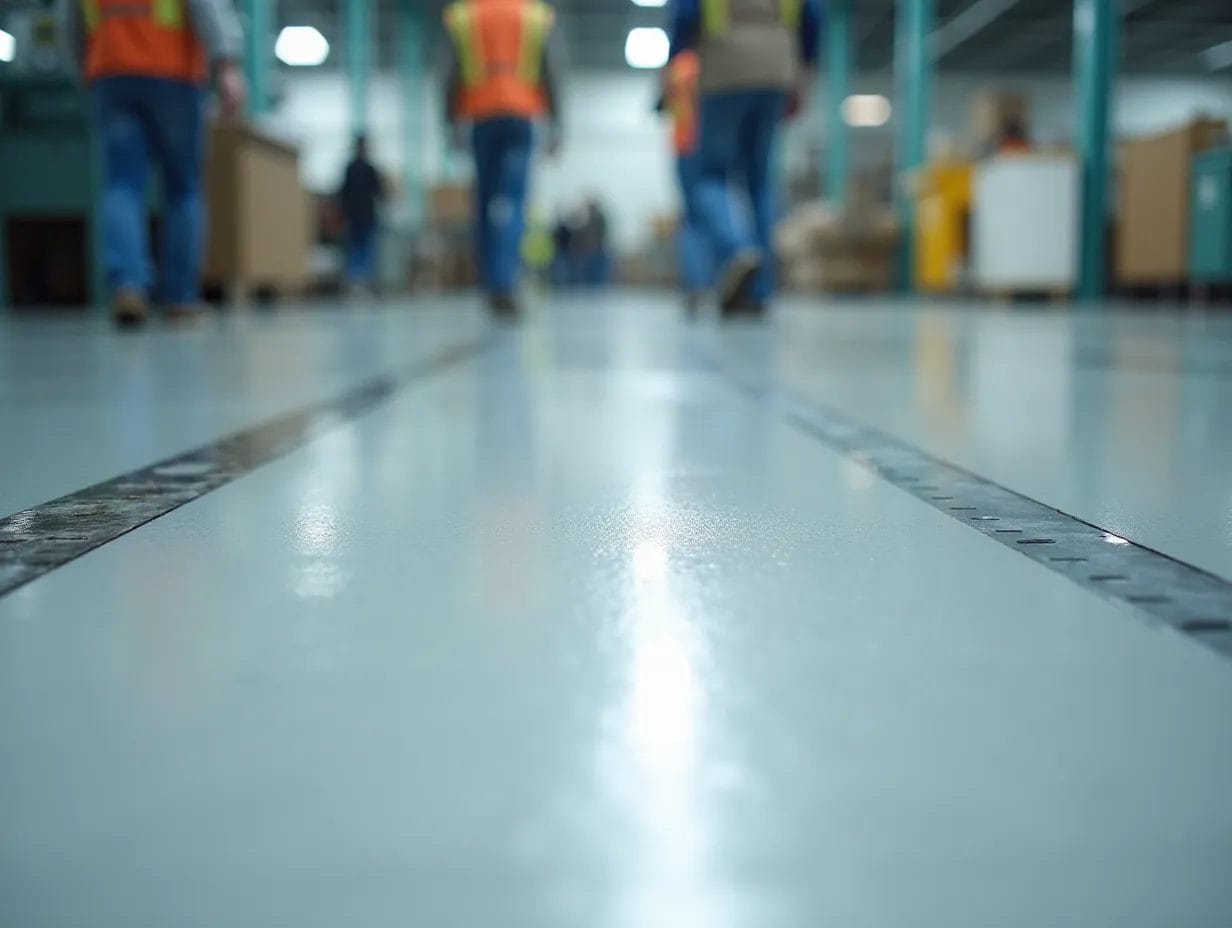 stærkt og skinnende gråt polyurethangulv i en produktionshal med ansatte i sikkerhedsveste.