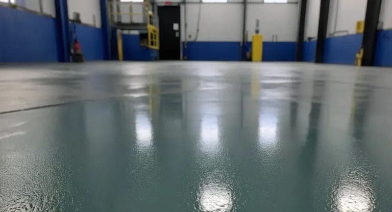 skinnende polyurethangulv i en industriel hal med reflekterende overflade og blå vægge.