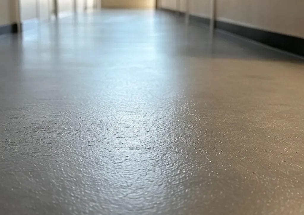 A textured floor with polyurethan coating, showing subtle wear. Handheld angle capturing a hallway with visible edges, no excessive gloss.