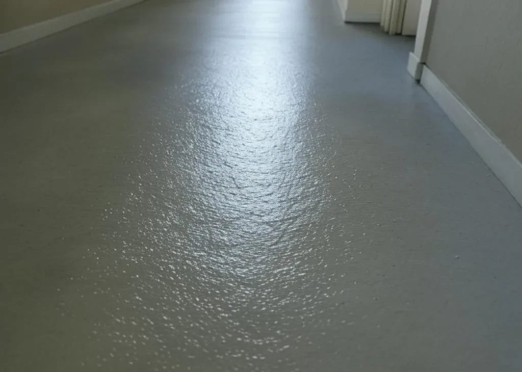 A textured floor with polyurethan coating, showing subtle wear. Handheld angle capturing a hallway with visible edges, no excessive gloss.