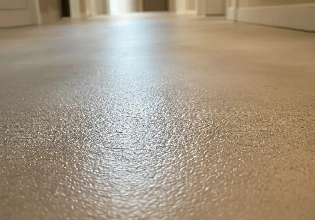 A textured floor with polyurethan coating, showing subtle wear. Handheld angle capturing a hallway with visible edges, no excessive gloss.