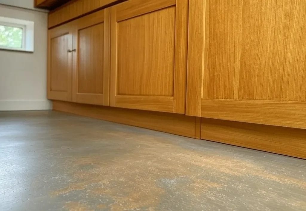 A natural floor view with a subtle polyurethan coating, handheld angle, showcasing a cozy kitchen setting with wooden cabinets. No excessive gloss.
