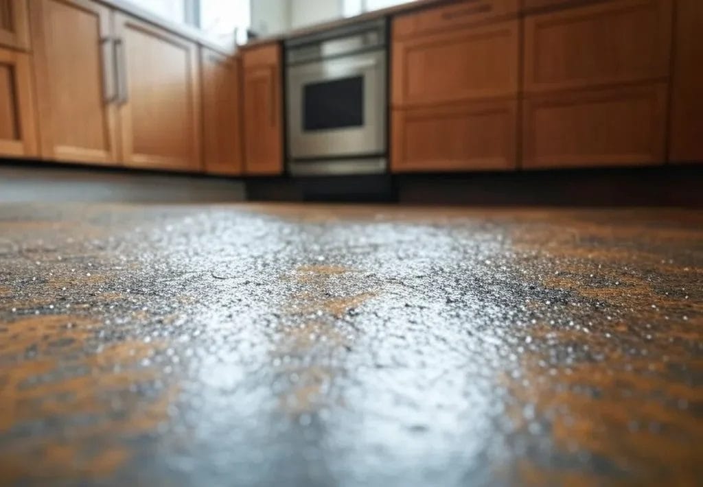 A natural floor view with a subtle polyurethan coating, handheld angle, showcasing a cozy kitchen setting with wooden cabinets. No excessive gloss.
