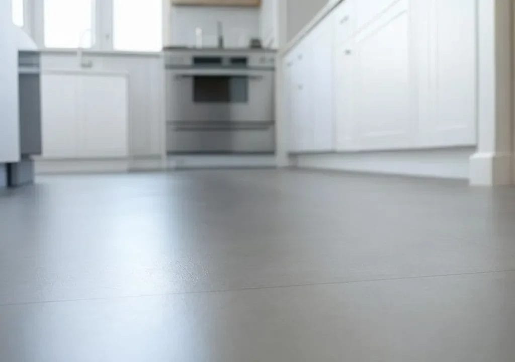 A matte-finish wooden floor sealed with polyurethane. Handheld angle capturing a kitchen layout, emphasizing the floor's texture.